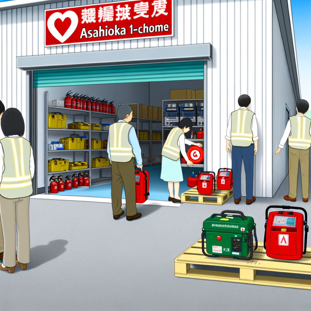 防災倉庫で資機材を点検する町会メンバー
