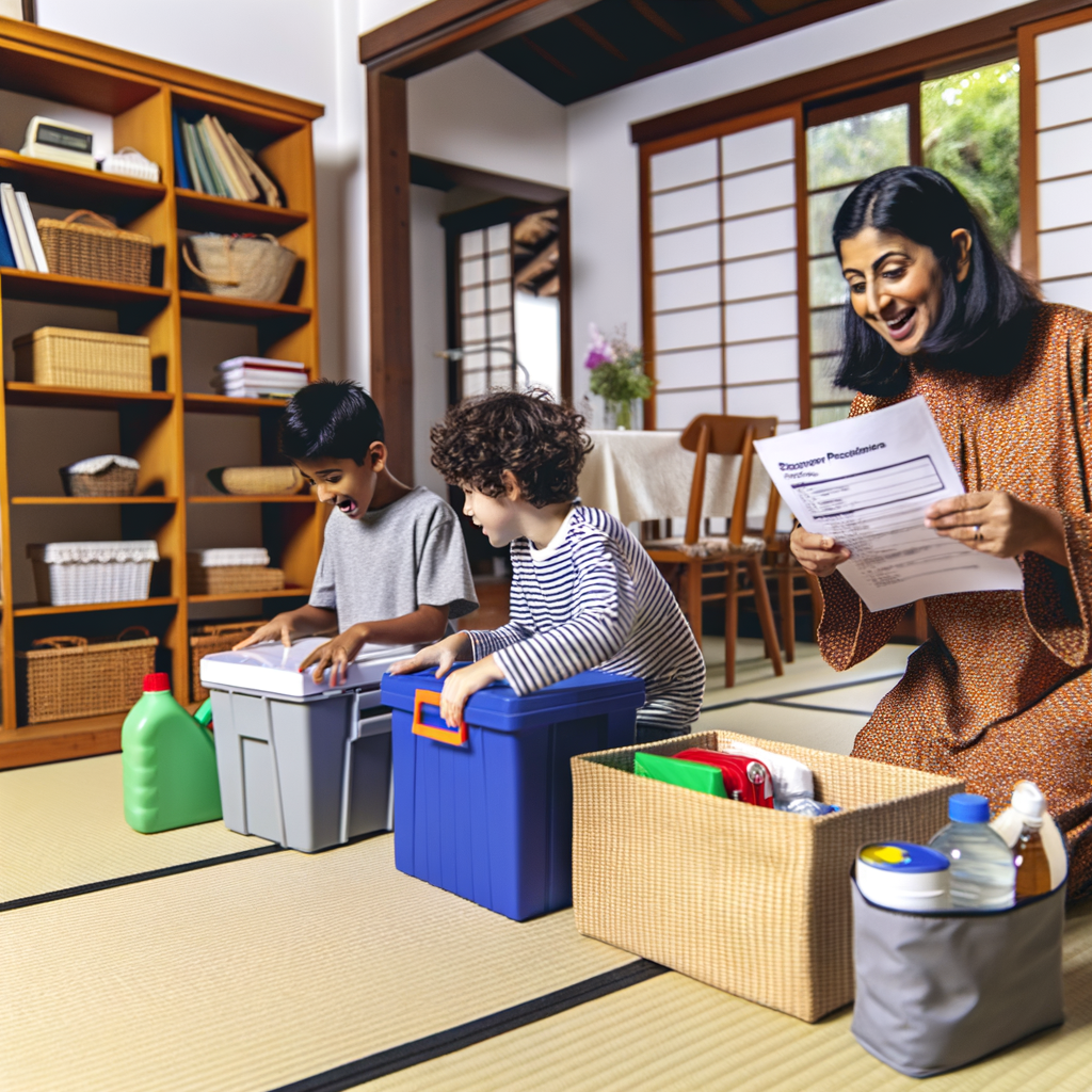家庭で備蓄品を整理する家族